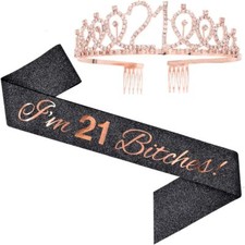 "I'm 21 Bitches" Sash  Rhinestone Tiara Set - 21st Birthday Gifts Birthday S...