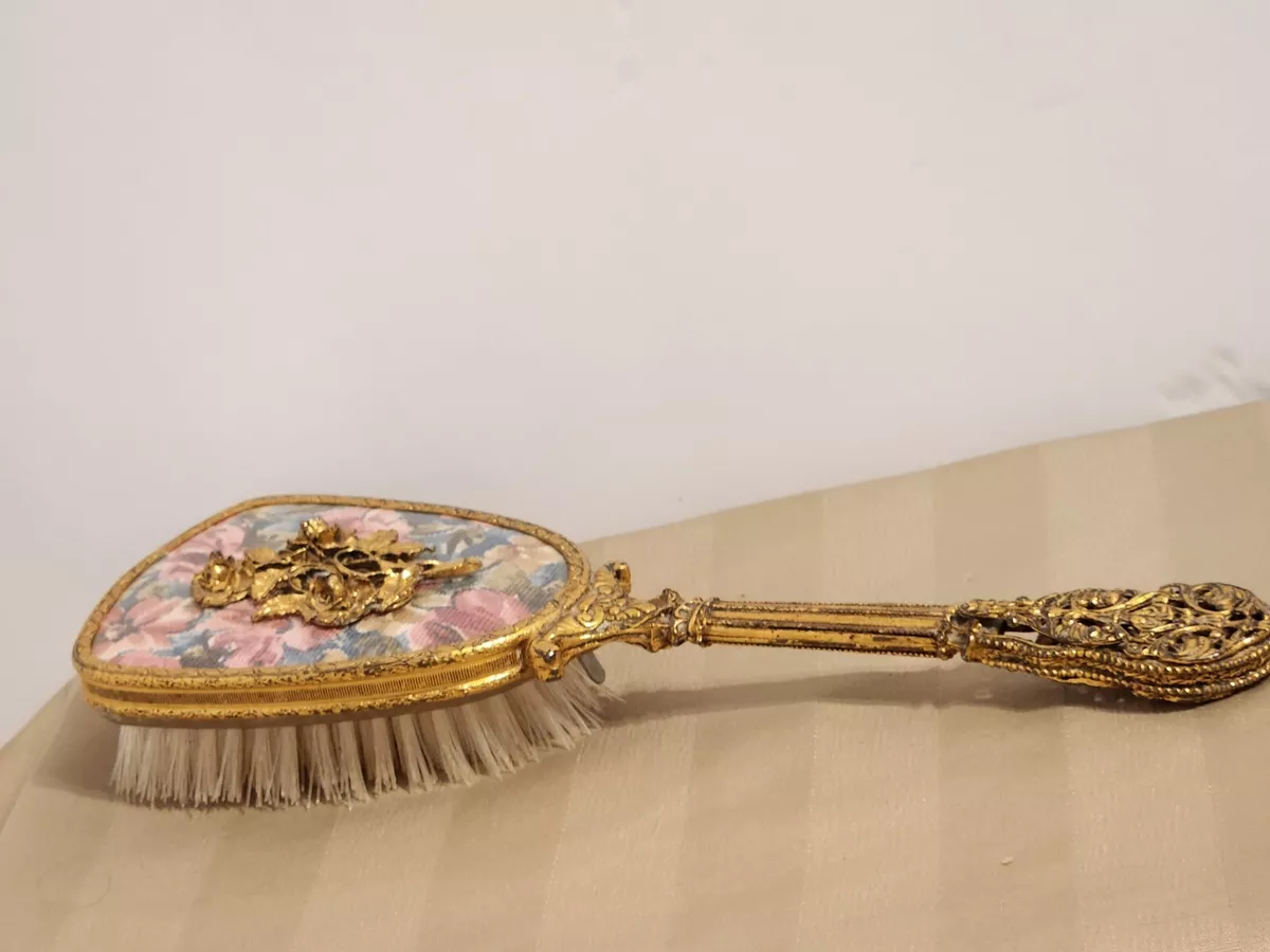 ANTIQUE GOLD TONE HAIR BRUSH WITH CHANGEABLE BRISTLES 3D ROSES