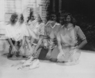 BLURRY 1940s Girls Kneeling Porch Double Exposure Ghost Effect
