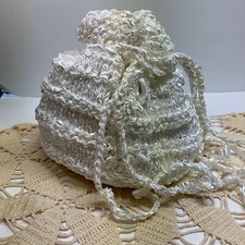 Victorian Style Hand Knit Purse White Ribbon Bead DrawstringLined/Pocket Costume