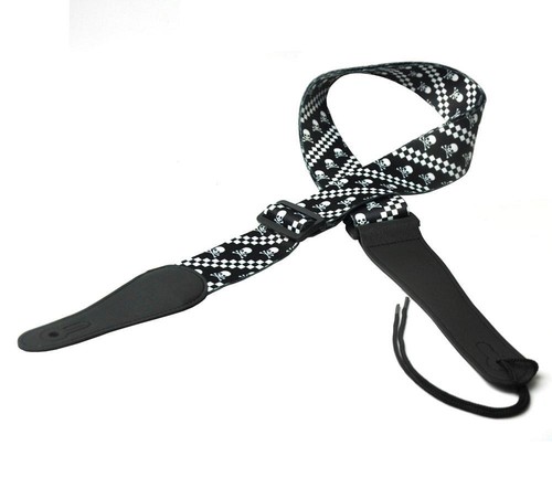 Black&White Skull Guitar Strap Polyester Woven + 1 Guitar Head Stock Strap Tie - Picture 4 of 4
