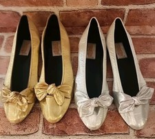 VTG Wimzees 70s 80s Metallic Gold Silver Slipper Flats Bow Shoes Sz 8 38