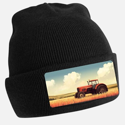 Black Beanie Hat with Cool Tractor Motif - Unisex Cap, Cotton