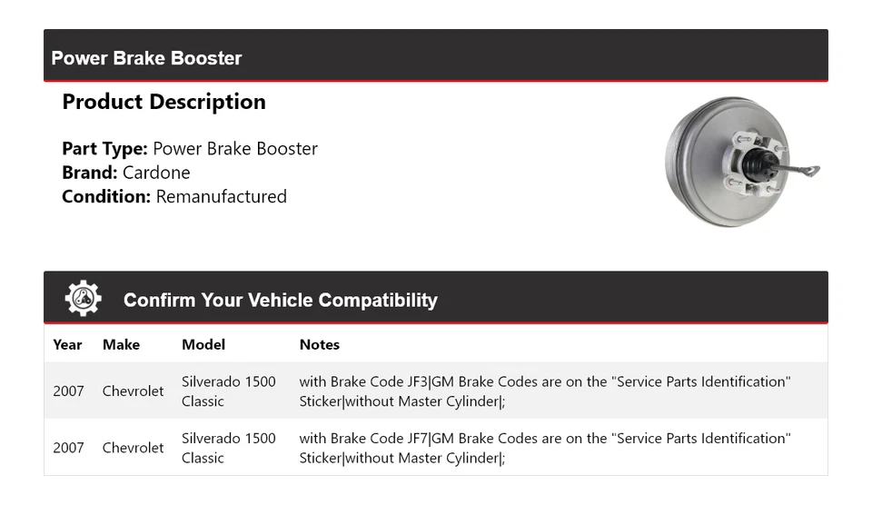 Chevrolet Silverado 1500 2007 Classic Power Brake Booster Cardone Foto 2 de 4