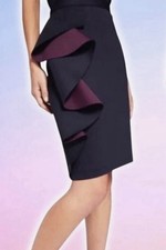 New Ted Baker Derosa Ruffle Pencil Skirt Size 5 US 12 Navy / Burgandy