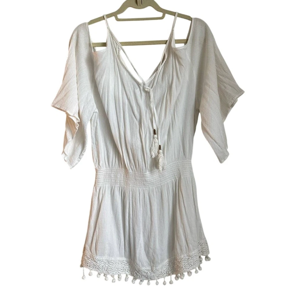 Maiô feminino Ella Moss branco bordado ombro frio capa grande - Imagem 2 de 4