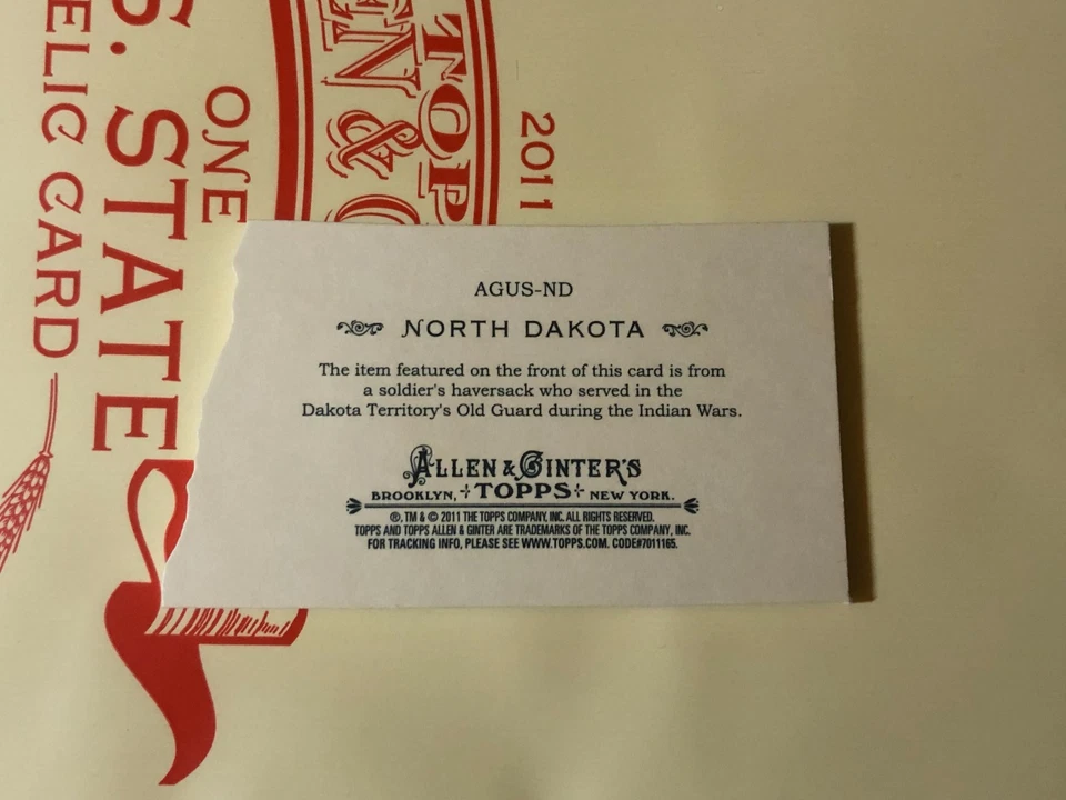 2011 Topps Allen Ginter State Relic NORTH DAKOTA Soldier Gearsack/50 INDIAN WARS - Image 2 of 2