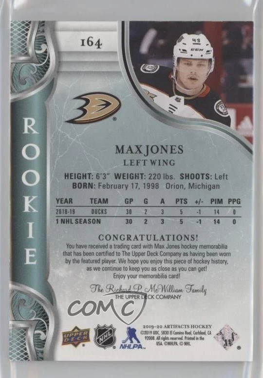 2019-20 Artifacts Rookies Horizontal Purple Material /6 Max Jones #164 Rookie RC - Image 2 of 2