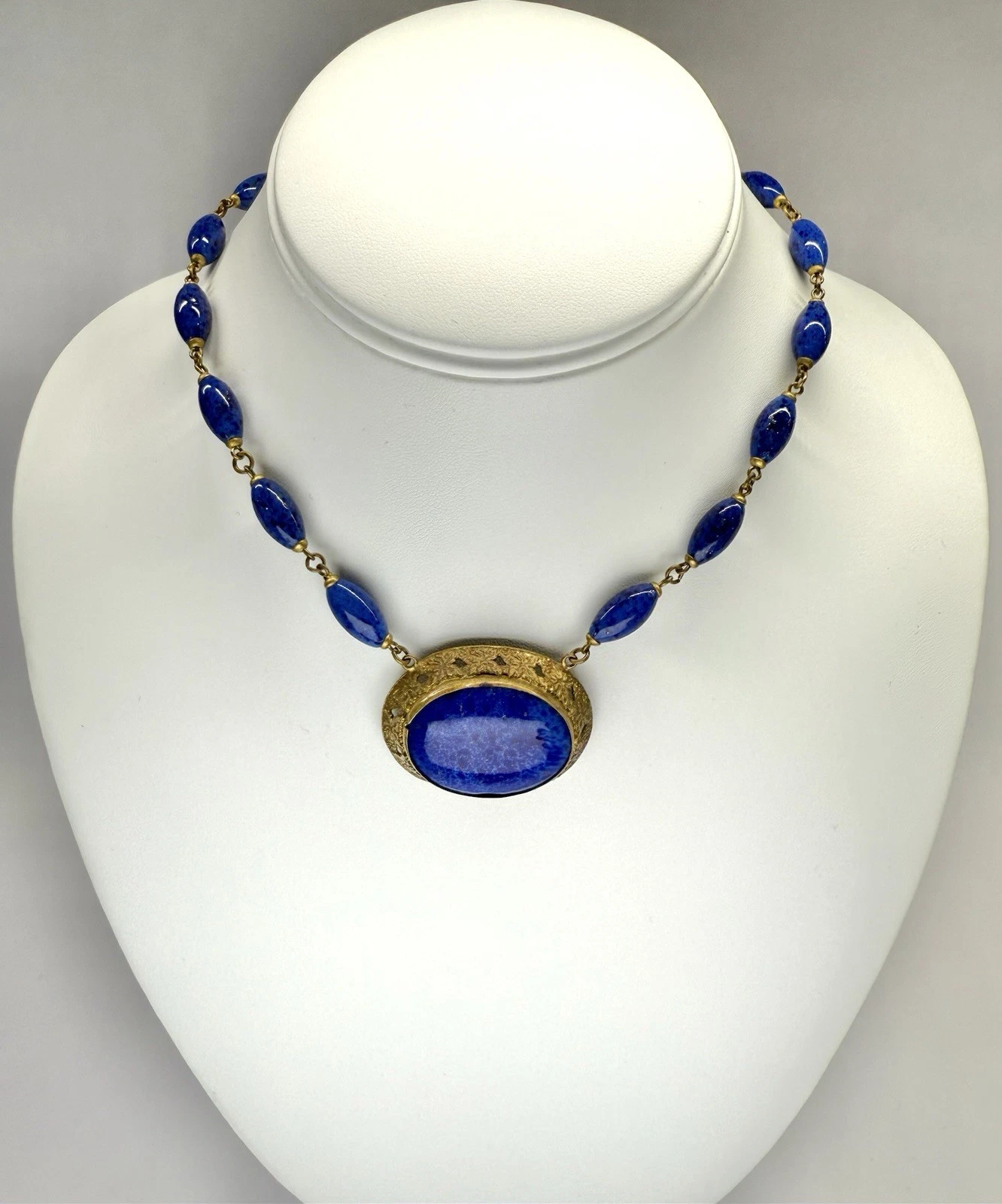 CZECH Art Deco Lapis Glass Bead Brass Pendant Vintage Necklace Jewelry N164