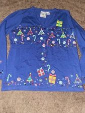 Michael Simon Lite Women's Blue Christmas Cardigan Large - Candy &Trees Design