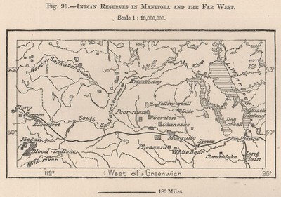 Indian reserves in Manitoba and the far west. Canada 1885 old antique map