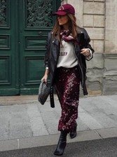 ZARA NEW FW25 SEQUIN BARREL PANTS Maroon 9544/823