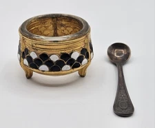 Vintage Russian Mstera Enamel Salt Cellar w/ Glass Liner & Spoon Black White