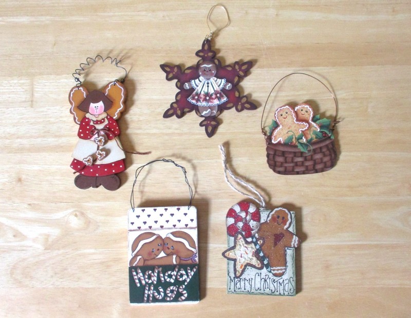 Hand Painted Wood Christmas Ornaments - Lot Of 5 Gingerbread