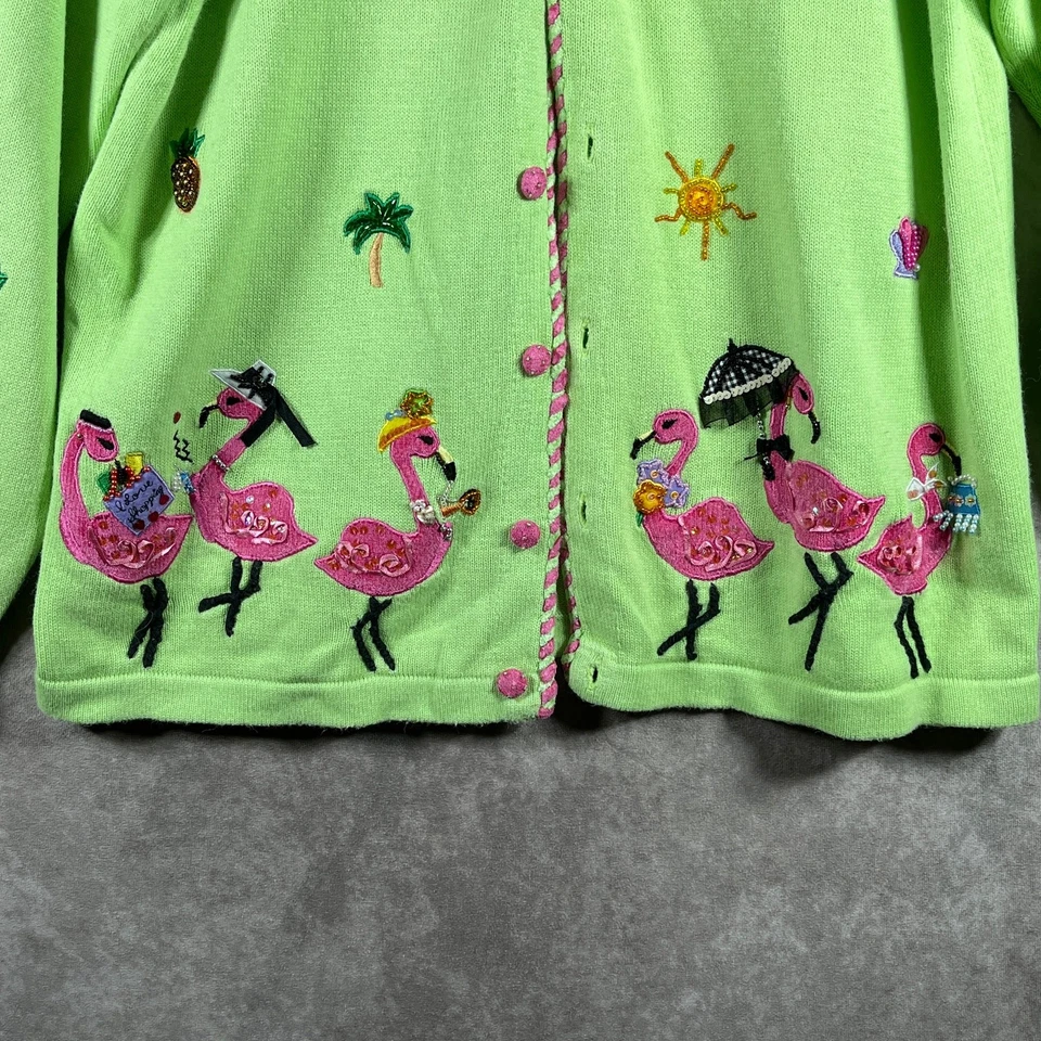 The Quacker Factory Cardigan Sweater Womens Medium Green Knit Flamingo Artsy - Image 3 of 4