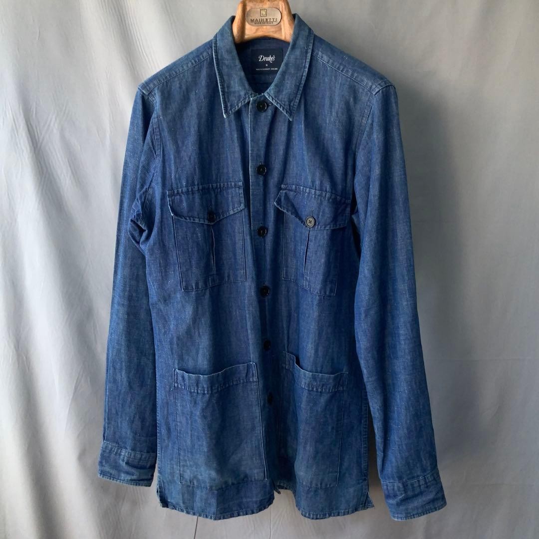 イギリス製Drake’sドレイクス チョアジャケットMネイビー コットン100％ Drakes Cotton Linen Chore Jacket M Made in England Navy Blue