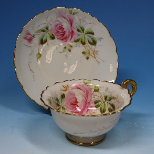 American Belleek -Scalloped Edge Pink Rose and Leaves - Tea Cup and Saucer