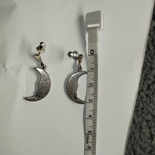 Vtg Estate Sterling Silver Crescent Moon Man Earrings Marcasite Dangle Celestial - Picture 11 of 11