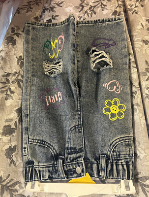 Girls Blue Denim SHEIN Jeans Size 12-18 M Elastic Waist Embroidered Pockets
