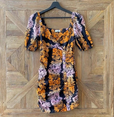 Robe Sandro froncée orange / rose / noir imprimé Hawaï 🌺🌴🧡 - Photo 1/4