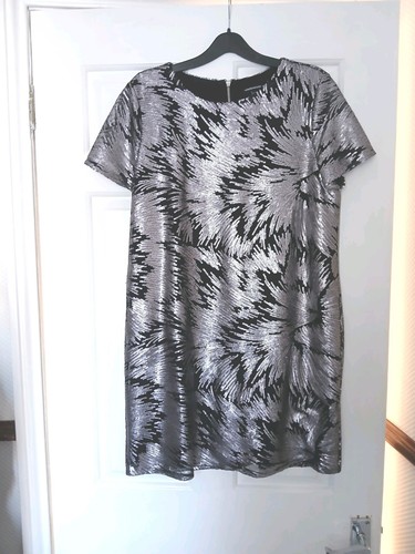 WAREHOUSE black/silver sparkly dress,size 14,small back zip,lined,short sleeves