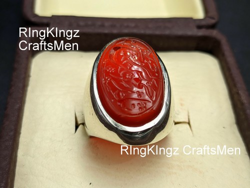 Yemeni Aqeeq Stone Mens Red Agate Ring Size 9 Engraved Stone Sterling 925 Silver - Picture 3 of 7