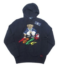Polo Ralph Lauren Navy Paint Splatter Polo Bear Cotton Knit Hooded Sweater