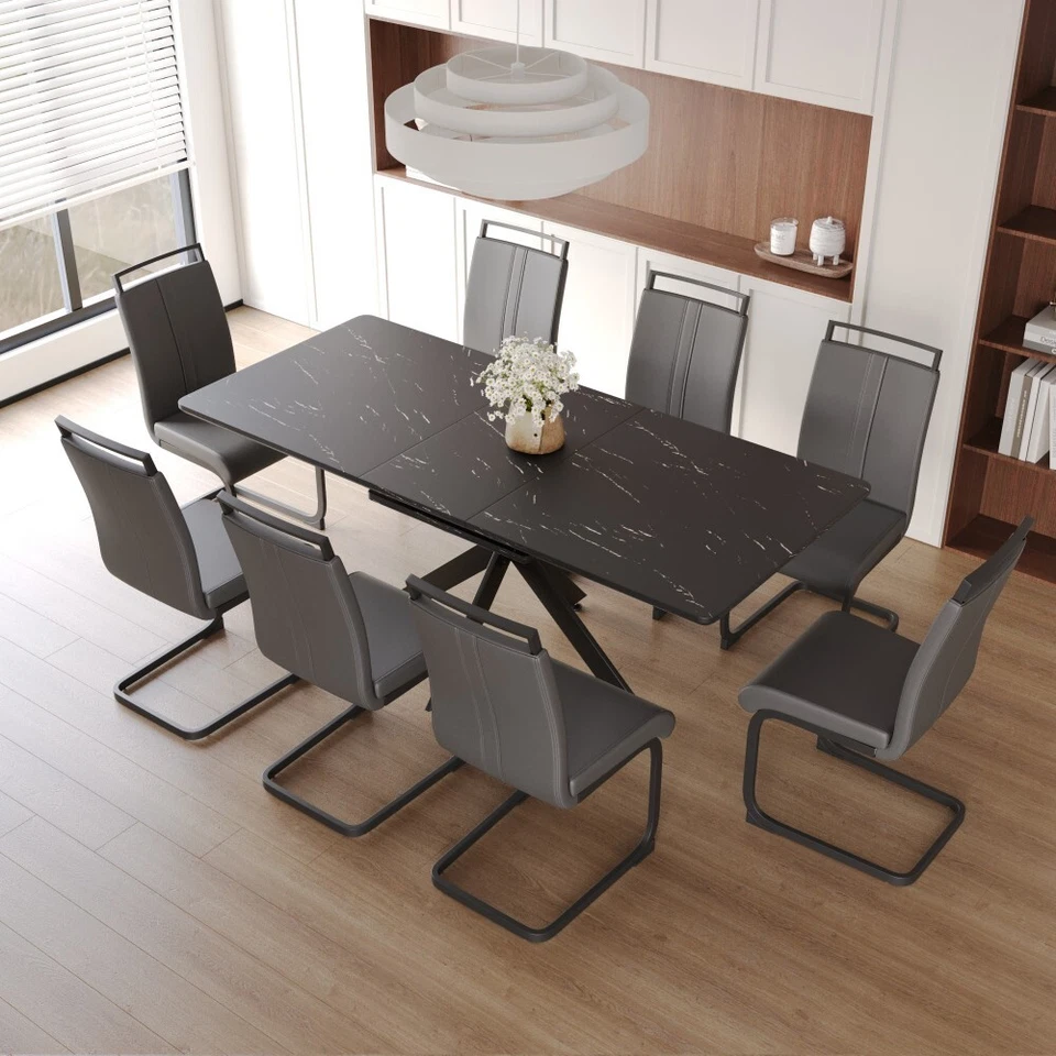 Juego de 9 sillas de mesa de comedor para 8 con mesa extensible rectangular y 8 sillas de PU Foto 3 de 4