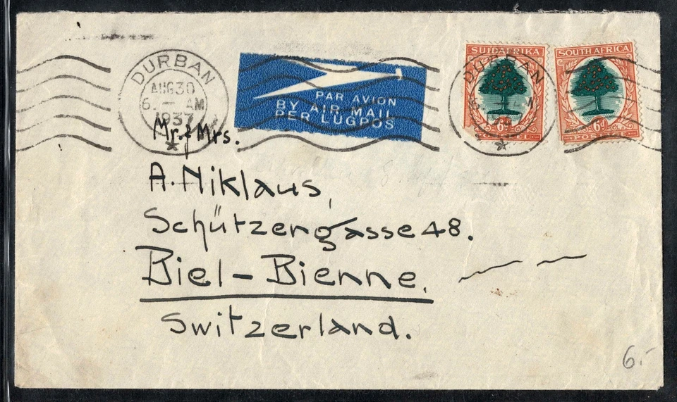 Южная Африка Обложка 1937 авиапочтой из Дурбана в Биль Швейцария - Изображение 2 из 3