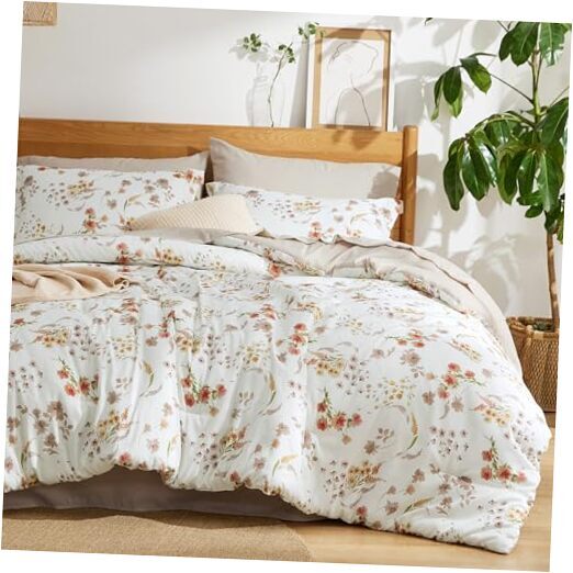 Comforter Set - 7 Pieces Bedding Sets Bed in a Bag with Floral Queen White