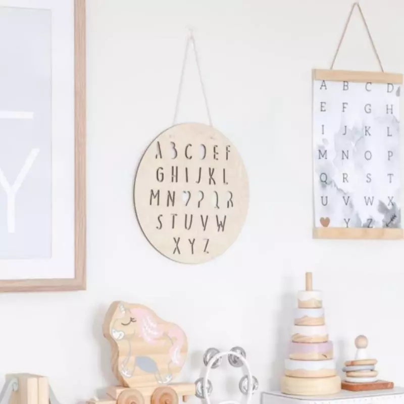 INS Nordic Round ABC Alphabet Letter Wood Chip Wall Hanging