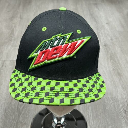 Mountain Dew Embroidered Logo Snapback Adjust Hat Neon Green Checker Flat Bill