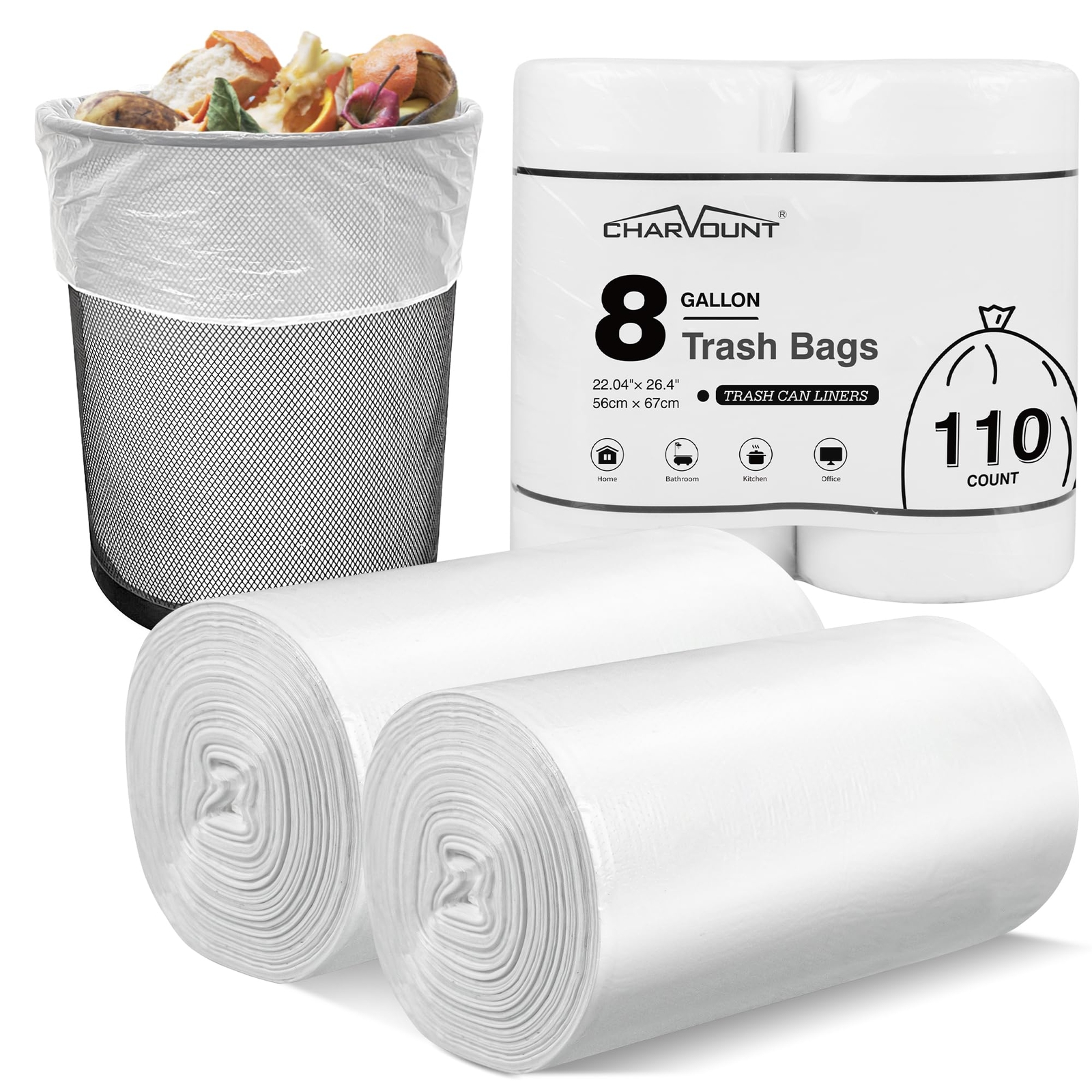 8 Gallon Trash Bags, 110 Count Medium Garbage Bags Trash Can Liners for Bathr...