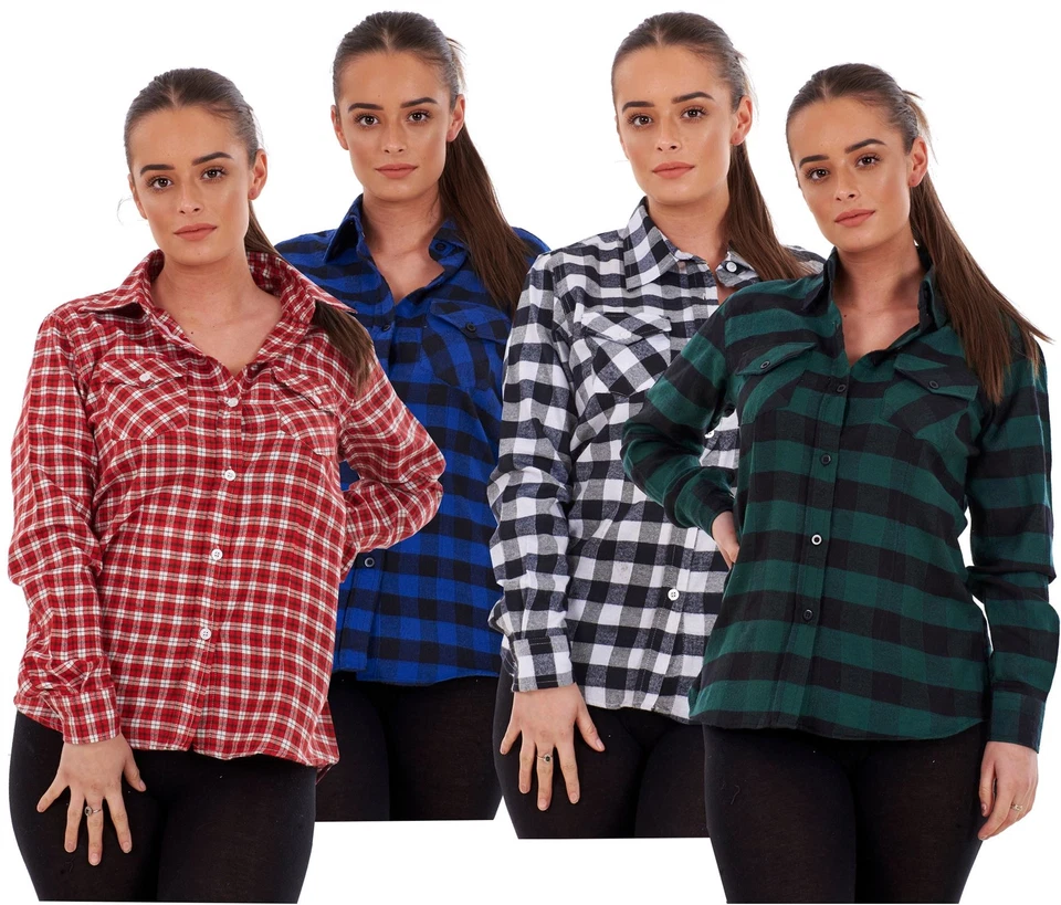 MALAY APPAREL Ladies Casual Flannel Shirts Brushed Cotton Check Long Sleeve Pleated M to 5XL