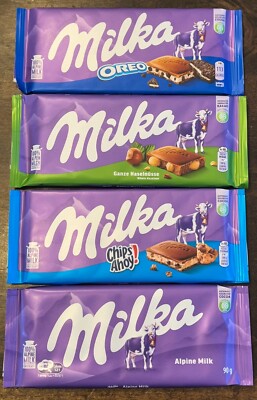 Milka bars, 4 pack, assorted flavors! Alpine Milk, Chips Ahoy, Hazelnut, Oreo!