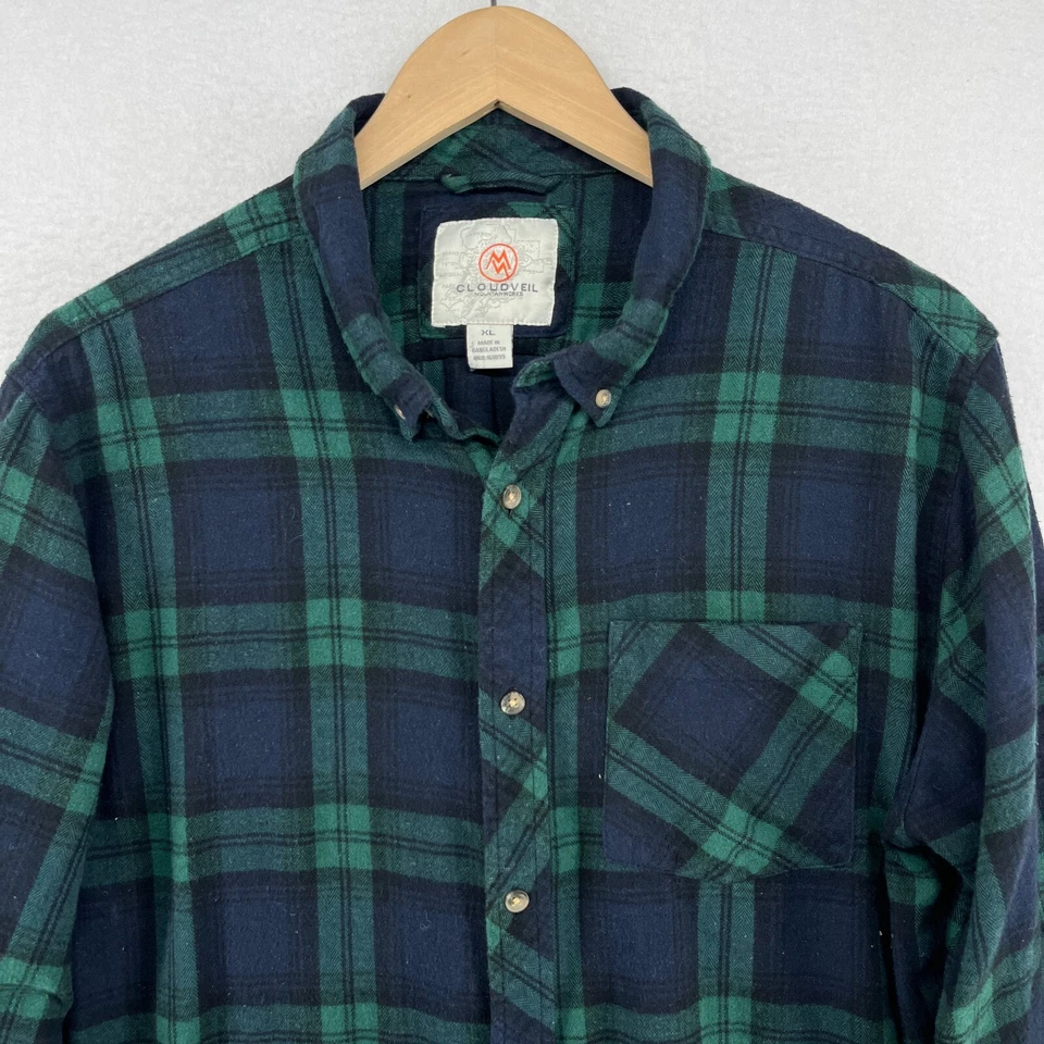 Camisa CLOUDVEIL Para Hombres XL Franela Reloj Negro A Cuadros Abotonada Algodón Occidental Verde Foto 4 de 4