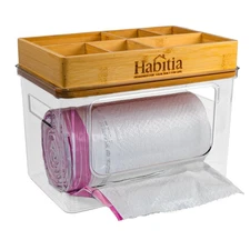 Trash Bag Holder Dispenser 2-Piece Organizer with Bamboo Lid & PET Base Under