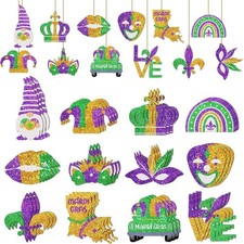 Mardi Gras Ornaments Glitter Wooden Hanging Decorations 36pcs Purple Yellow Gree