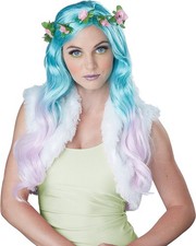 Floral Fantasy Wig Pink Blue Long Fancy Dress Halloween Adult Costume Accessory