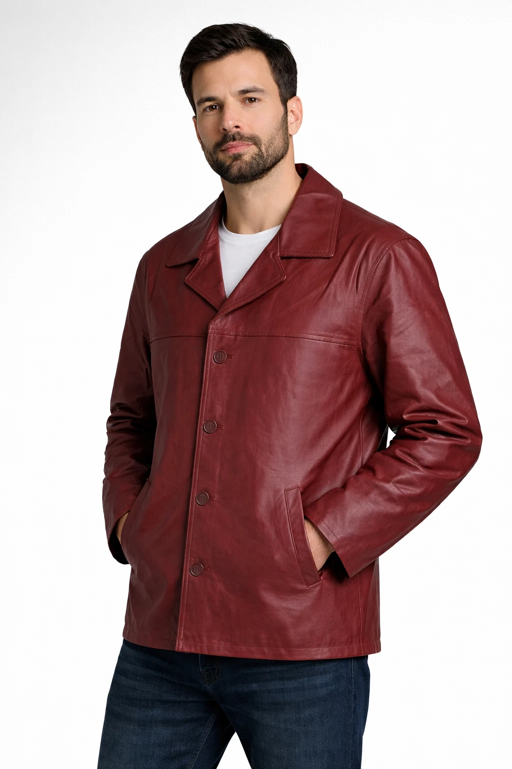 Genuine Leather Shirt Jacket – Men Classic Burgundy Button-Up Leather Jacket