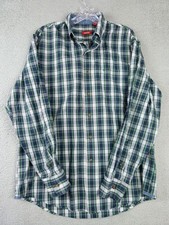 IZOD Mens M Green Blue Plaid Long Sleeve Cotton Button Down Shirt