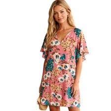 Umgee Floral Shift Dress Womens XL Dusty Rose Flutter Sleeve Boho Mini Tunic