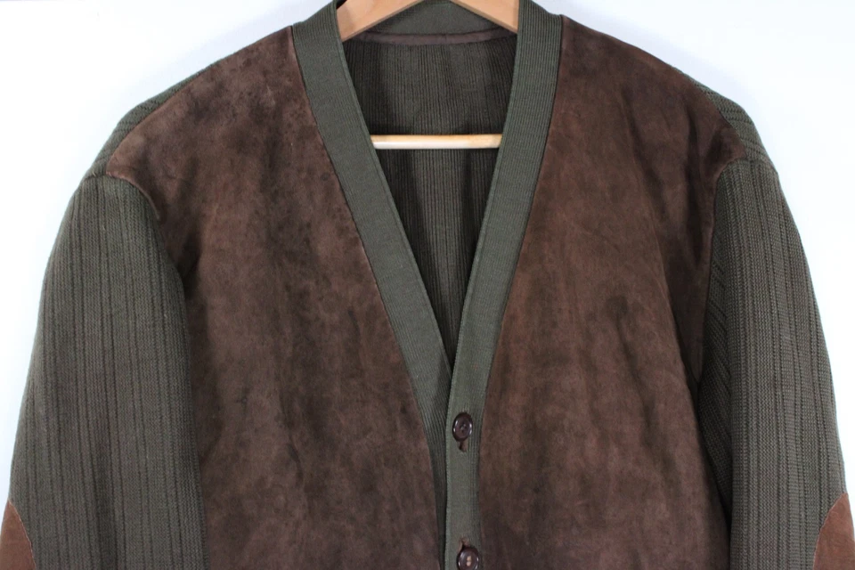 Vintage Country Cardigan Suede Knit Jacket Brown Olive Shooting Elbow Patch L - Image 2 of 4
