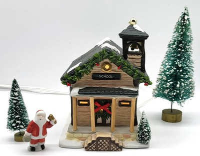 #ad #ad 1991 Hometown Christmas Village SCHOOL 4 Piece Set w Light Santa Trees $20.00