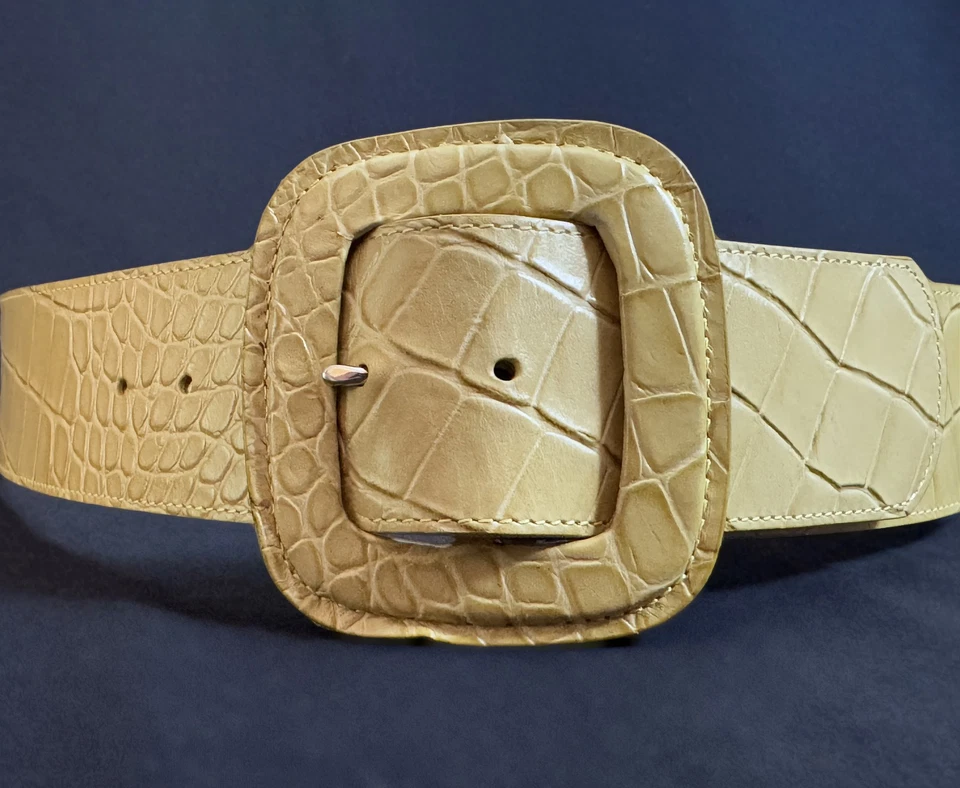 Vintage Carlisle Yellow Alligator Embossed Wide Leather Belt Size L - Image 2 of 4