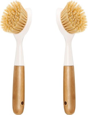 2 Pack Kitchen Dish Brush Bamboo Handle Dish Scrubber Built-in Scraper, Scrub