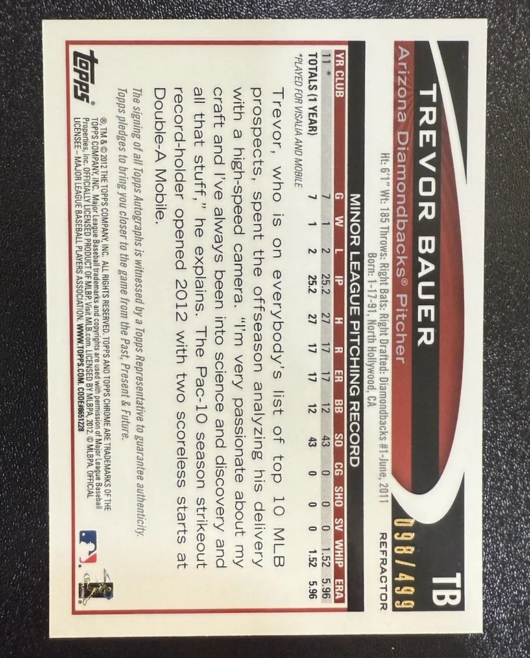 2012 Topps Chrome Trevor Bauer Rookie Autograph Refractor #/499 RC - Image 2 of 2