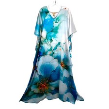 Gypcie Blu Kaftan Caftan Long Dress One Size PLUS 1X 2X 3X white blue floral NEW