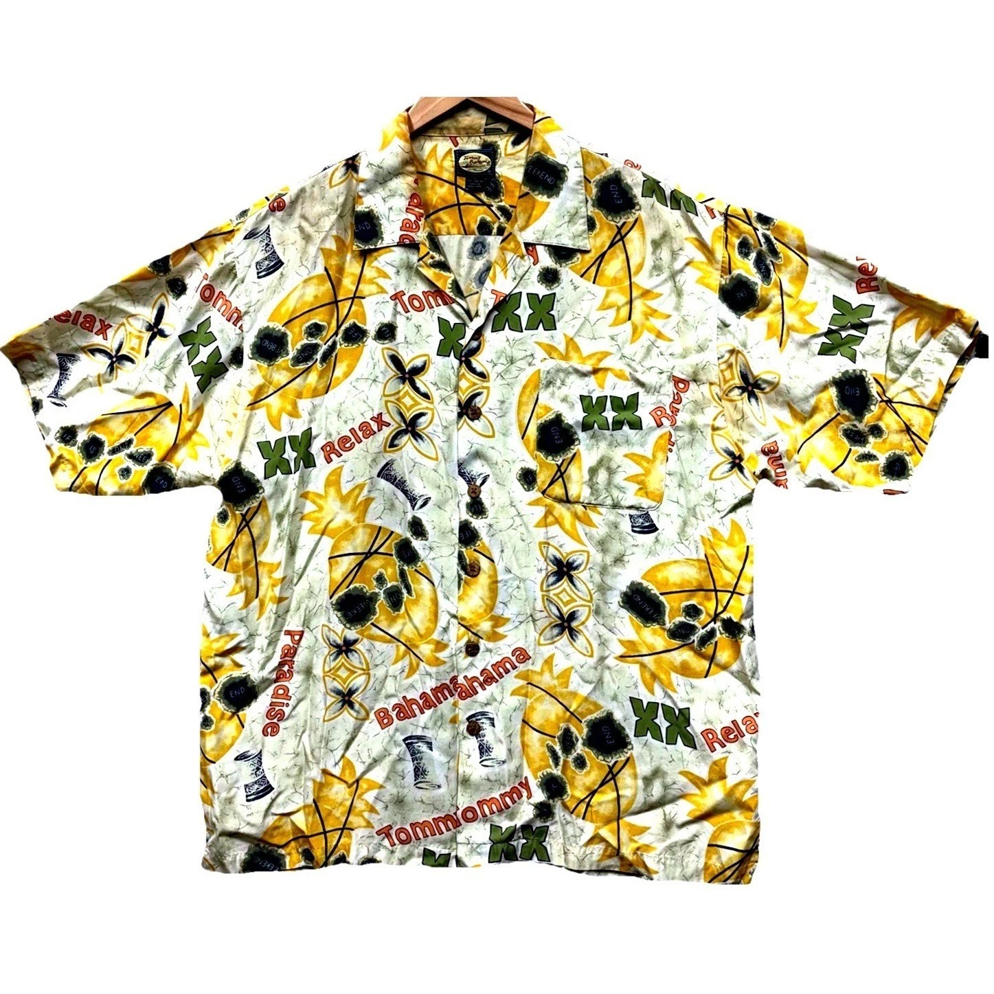 Tommy Bahama Pineapple Print Camp Shirt Men's L White Yellow Hawaiian