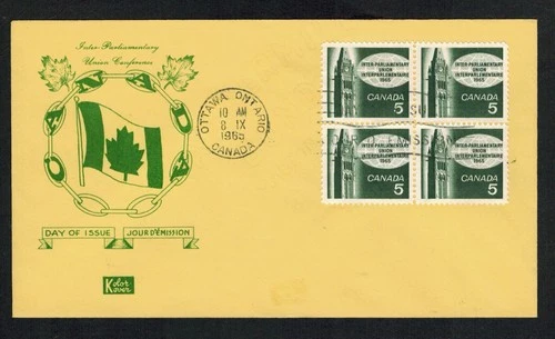 Canada #441, 1965 5¢ Peace Tower block, Kolor Kover cachet FDC